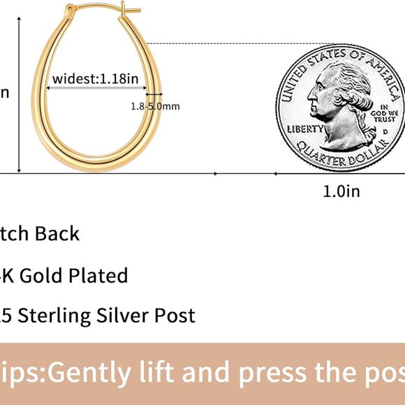 Gold Chunky Hoop Earrings for Women, 14K Gold Plated Oval Hoop Earrings with 925 - Picture 3 of 8